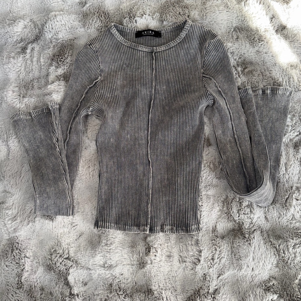 AKIRA Charcoal Ribbed Long Sleeve Top